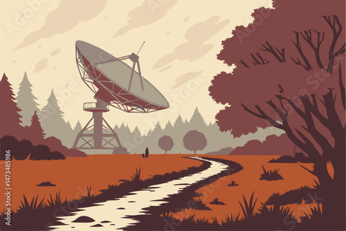 68 wide angle shot of a large radio telescope dish in a misty forest landscape, autumn colors, wet grassy pathway leading to telescope, moody and atmospheric scene, detailed, photorealistic, dramatic 