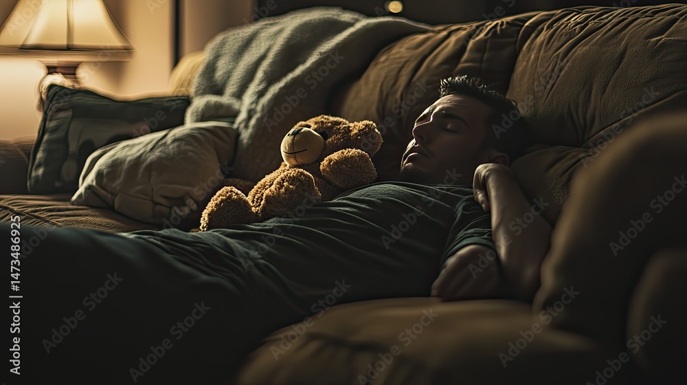 A tired man reclining on a gray sofa, dozing off with a remote in hand.
