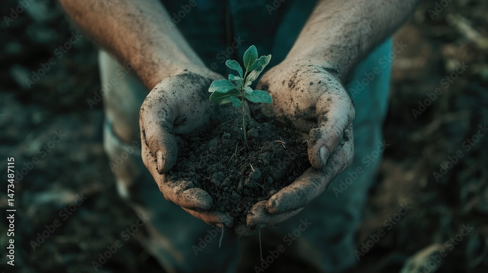 A person kneels in a garden, holding a small plant with green leaves in hands covered in soil.