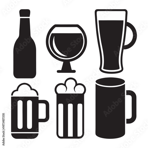 Vector drinkware collection with beer glass wine bottle and coffee pot