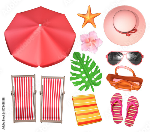 Top view of summer beach-themed items including a red umbrella, lounge chairs, a sunhat, sunglasses, beach bag, flip flops, folded towel, Plumeria flower, Monstera leaf, and starfish. 3D illustration