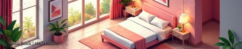 Vector illustration of stylish isometric hotel room with cozy bed and elegant decor, room, bed