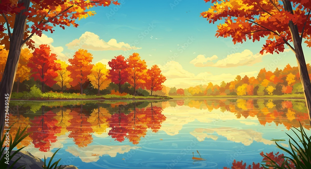 Naklejka premium Autumn Lake Landscape Painting