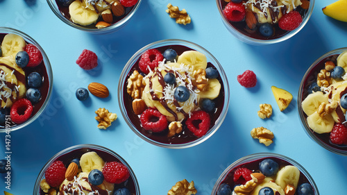 an advertisement for a fruit bowl company , product shot, eye level downward angle shot , 4 Blueberry parfait fruit bowl with nuts, blueberry , chocolate drizzle and coconut flakes on top , in a clear