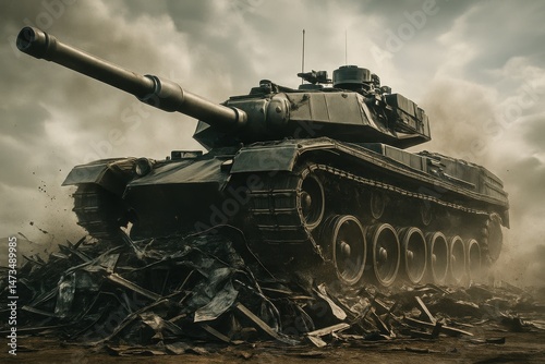 Tank crushing scrap metal, military tank in action on battlefield