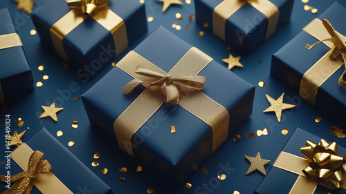 
An elegant composition of gift boxes wrapped in deep blue paper with shiny gold ribbons arranged on a rich blue background. The scene includes gold star decorations and scattered gold confetti, enhan