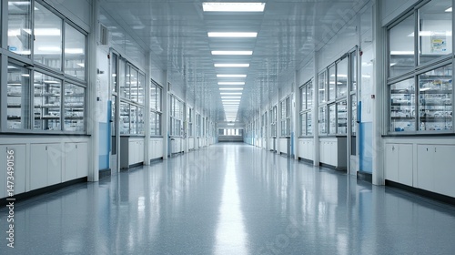 Empty, modern laboratory hallway extends into the distance.