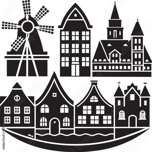 Silhouette illustration of a cityscape with skyscrapers and buildings. A simple yet stylish design for creative and professional use.