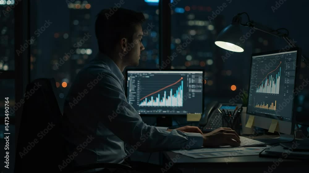 Focused Young Male Professional Analyzing Data at a Desk Overlooking a Cityscape at Night Seeing Charts and Graphs on Dual Monitors in a Modern Office Environment Focused Young Male Professional Analyzing Data at a Desk Overlooking a Cityscape at Night Seeing Charts and Graphs on Dual Monitors in a Modern Office Environment