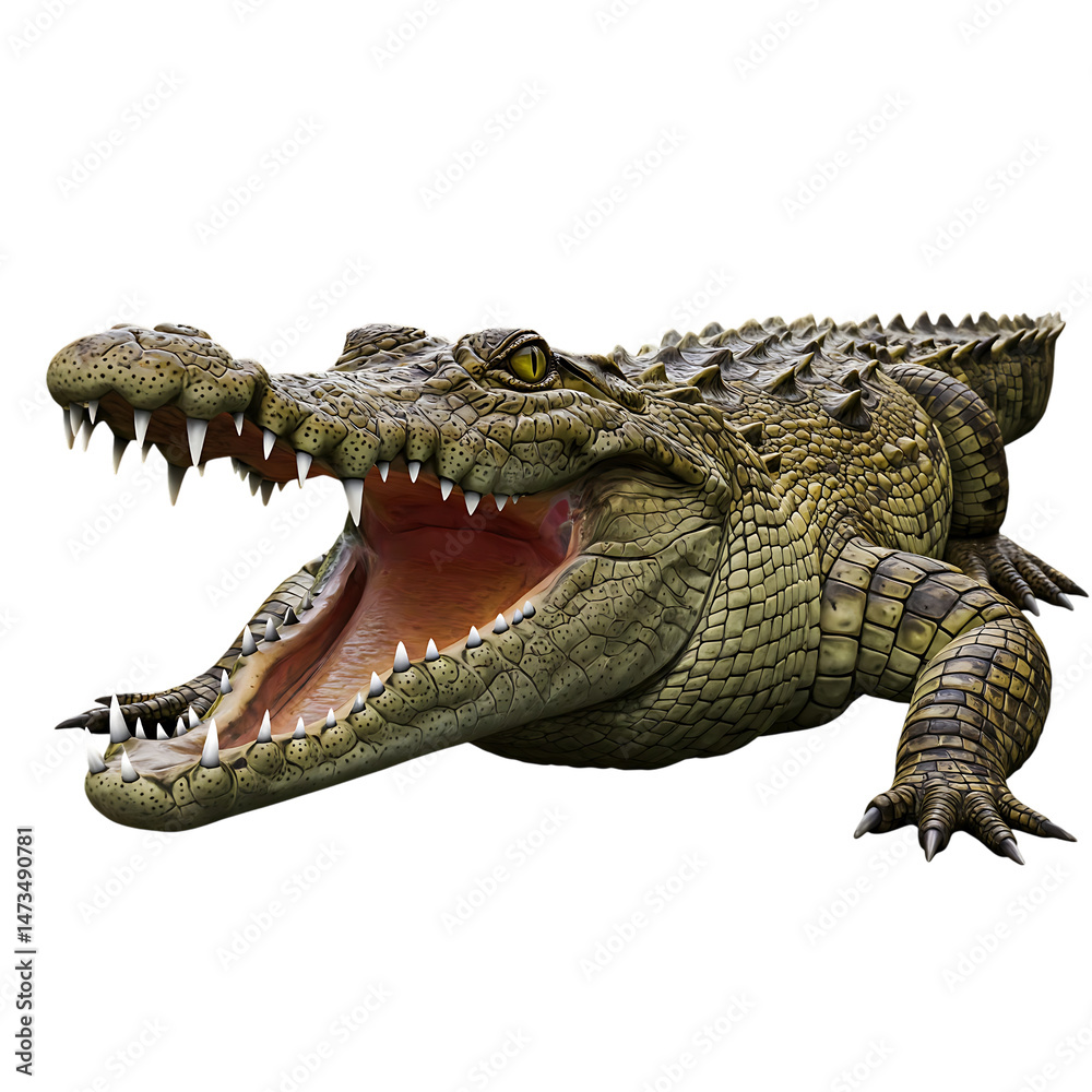 Obraz premium Ferocious crocodile with mouth wide open and sharp teeth exposed, isolated on white background, showing aggressive posture