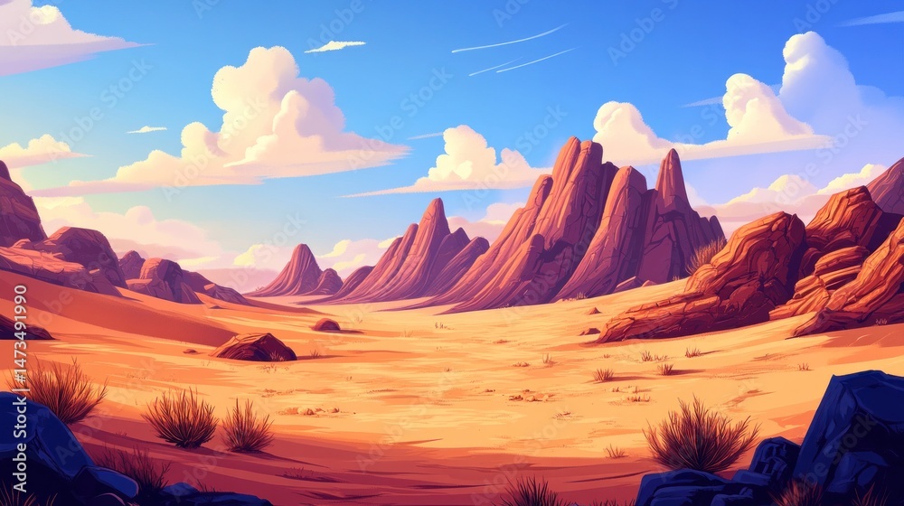 Naklejka premium Expansive desert landscape with dramatic rock formations under a vibrant sky