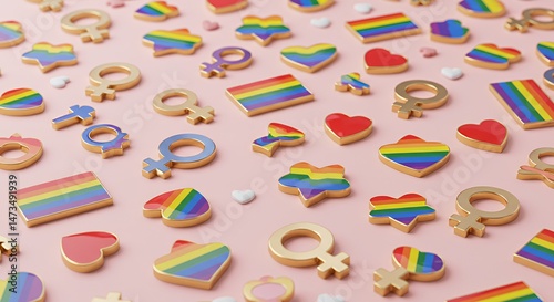 High Angle View of LGBT Awareness Symbols Rainbows Hearts Equality Signs and Various Shapes Filled with Rainbow Patterns with Golden Borders on Soft Pink Background