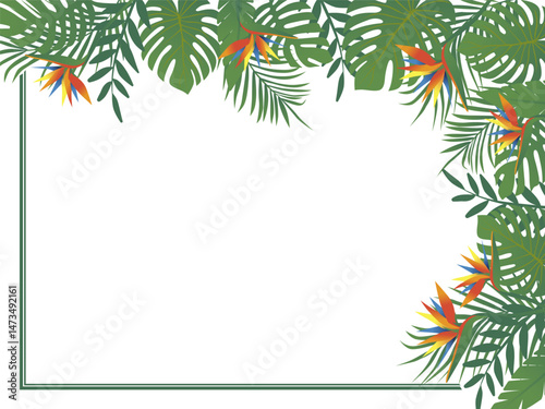 Bright horizontal top corner frame of tropical greenery and bright flowers. Tropical leaves frame. Vector design illustration. Hand drawn