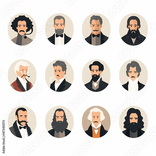 Collection of stylized portraits depicting historical and influential figures