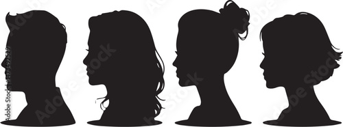 Silhouettes of Male and Female Profiles in Side View Showing Different Hairstyles and Head Shapes on White Background