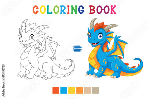 Cartoon little dragon on white background in coloring book style