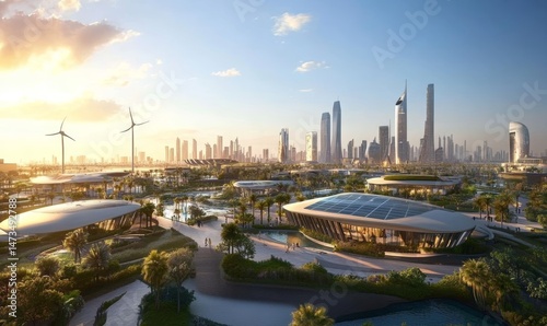 Sustainable Cityscape Eco-Friendly Urban Development at Sunset