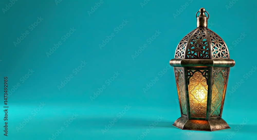 Naklejka premium Decorative Arabic Lantern on a Vibrant Turquoise Backdrop Ideal for Ramadan Mockups and Concepts