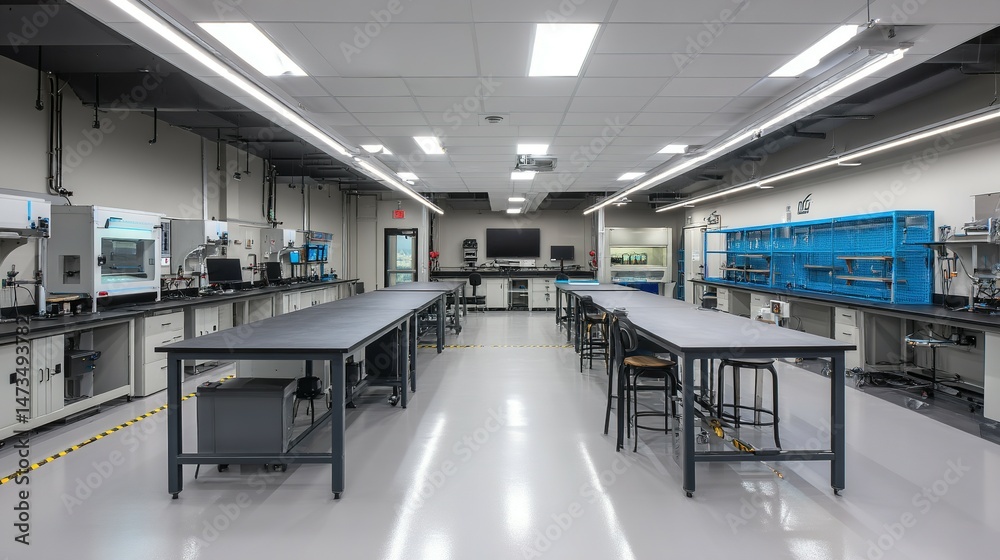 Fototapeta premium Modern laboratory interior with long tables and equipment.