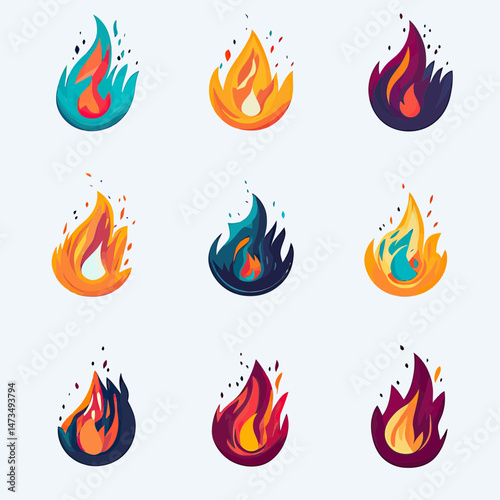 Set of nine colorful stylized fire flame icons in flat minimalist vector style with diverse design elements and vibrant contrast colors for graphic design and digital use
