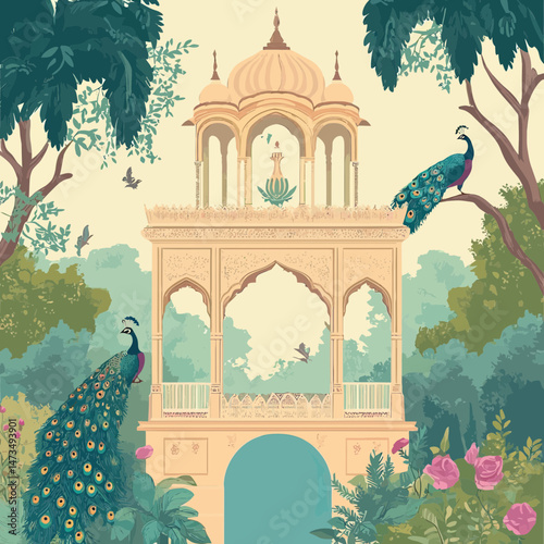 Mughal style garden pavilion with intricate arches, peacocks perched on trees, lush foliage, blooming roses, and flying birds in minimalistic traditional vector art
