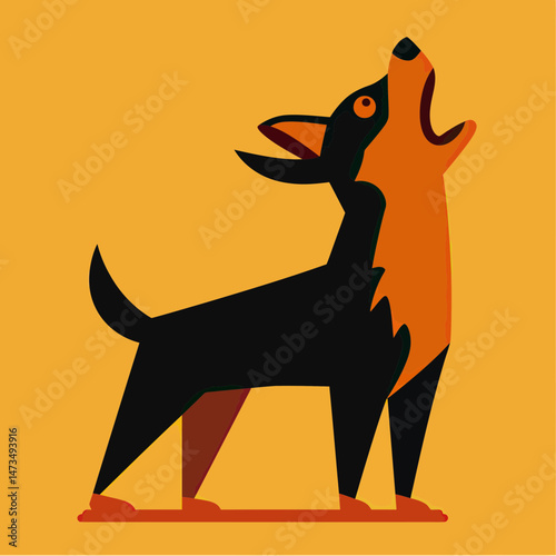 Minimalist flat vector illustration of black and orange dog barking with open mouth standing on orange background in geometric style