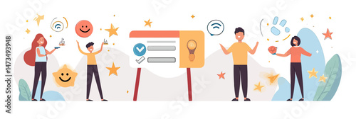 Diverse people celebrating success and teamwork with positive feedback, achievement symbols, and interactive communication in business setting flat vector illustration