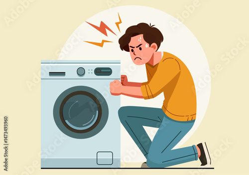 Young man gets angry at washing machine that doesn't work