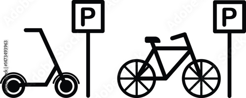 Bicycle scooter parking vector icons set. black and white illustration of a bicycle, scooter and parking sign