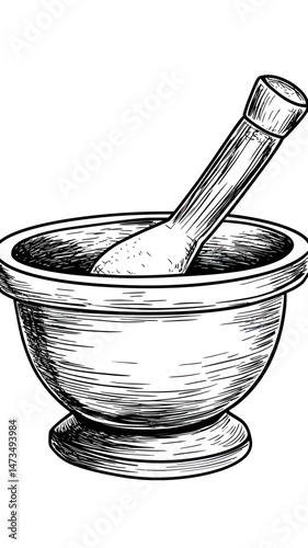 Hand drawn mortar and pestle black and white sketch engraving style vector illustration for grinding herbs spices and ingredients in kitchen or pharmacy tool design