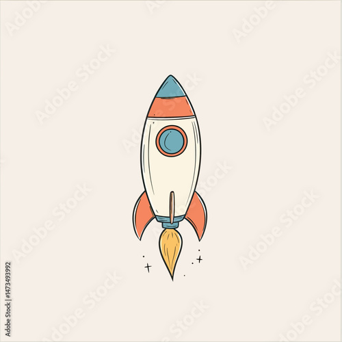 Hand drawn cartoon rocket ship with fire exhaust in minimalist flat style flying upward space exploration technology vector illustration for kids and science concepts