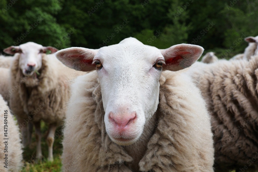 Obraz premium Portrait of a sheep in front view.. Sheep head in close up.