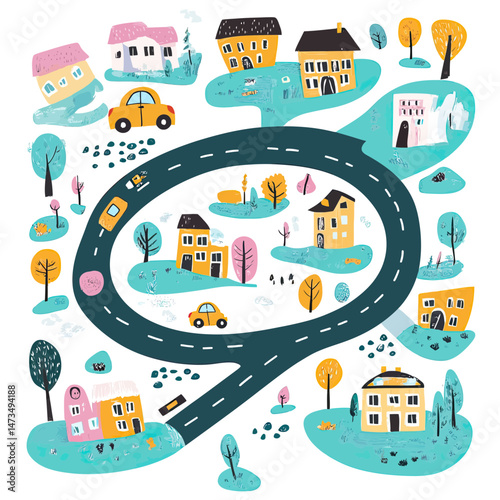 Cartoon village landscape with colorful houses, winding road, trees, and cars in flat minimalist hand-drawn vector style illustration for children's map or toy concept