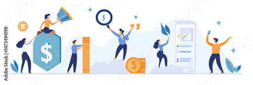 Group of business people celebrating financial growth and success with coins, charts, smartphone analytics, and megaphone in flat vector style illustration