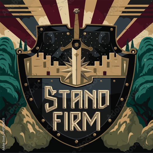 Vintage Style Shield Emblem Design Stand Firm Medieval Castle Sword Graphic Illustration Strong Courageous Bold Powerful  Ancient History Heritage Background Image art war dark gold icon retro night  