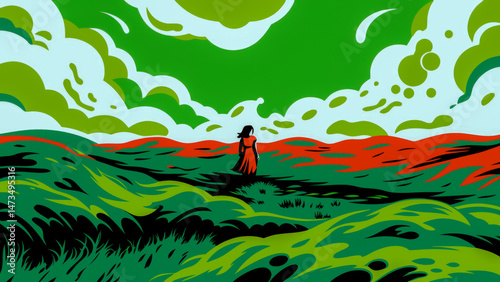 Vibrant landscape featuring fields and rolling hills under a colorful sky during sunny day
