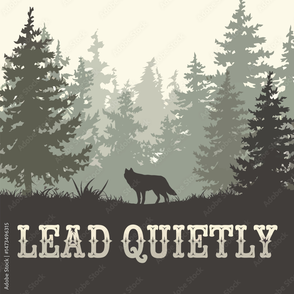 Naklejka premium Wolf Silhouette in Misty Green Forest Peaceful Nature Scene Tranquil Woodland Landscape Serene Wilderness Image Majestic Animal in Evergreen Trees Calm Forest Background Subtle Foggy Atmosphere art 