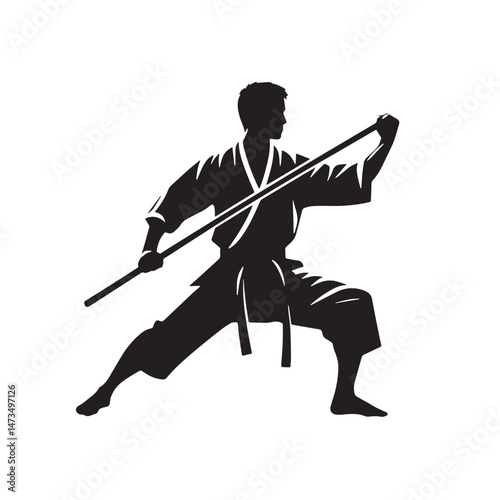Bo Staff Techniques (JapanOkinawa - stick fighting) Silhouette line art vector illustration on white background