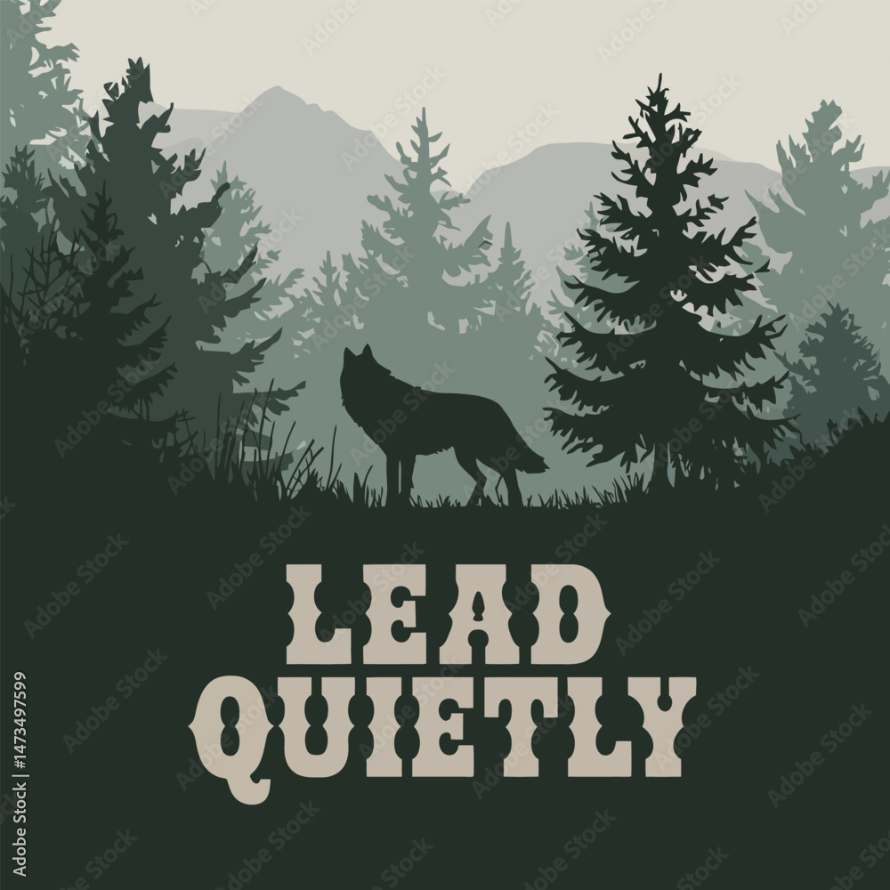 Naklejka premium Majestic Wolf Silhouette in Serene Mountain Forest Peaceful Wilderness Nature Scene Tranquil Landscape Design Green Pines Trees Background Wild Animal Artwork Elegant Wildlife Illustration calm view 