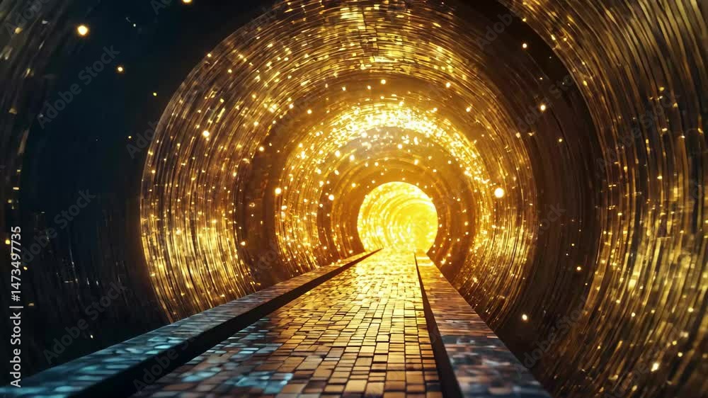 Digital tunnel with endless glowing lights creates a mesmerizing journey through virtual dimensions, Endless shining glowing digital tunnel seamless