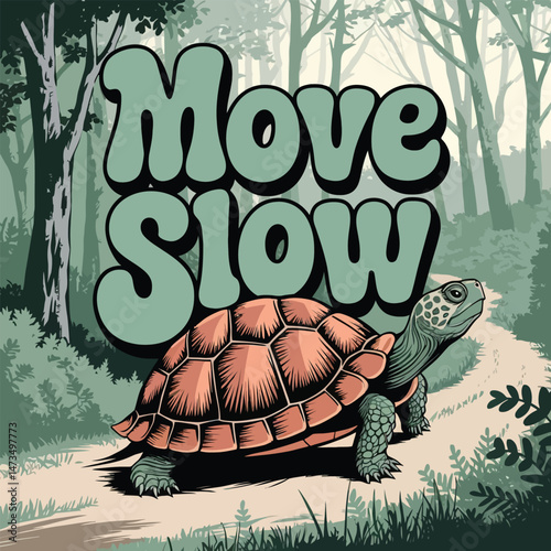 Tortoise Walking Peaceful Forest Path Nature Scene Illustration Move Slow Retro Style Vintage Design Graphic Art Image Digital Print Poster Background calm view green brown trees turtle animal serene 