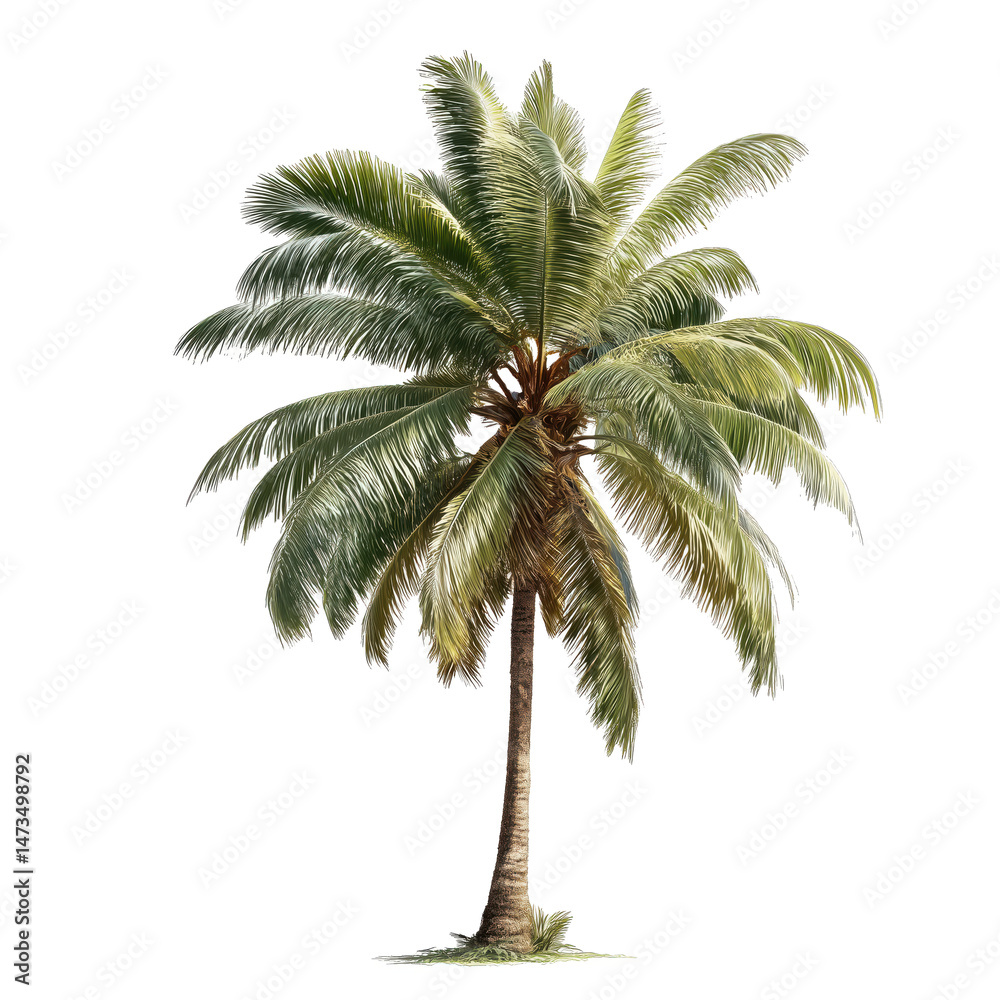 Obraz premium Majestic Palm Tree in Vibrant Tropical Style. A Detailed and Lush Tropical Landscape Art , isolated on white background png