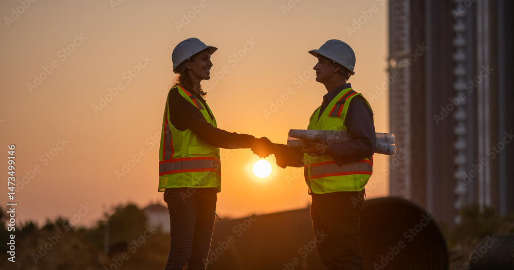 Fototapeta premium Construction surveyor or engineer working in pipe construction site for inspection detail of construction with heavy machinery excavator constructed hi-way road background.