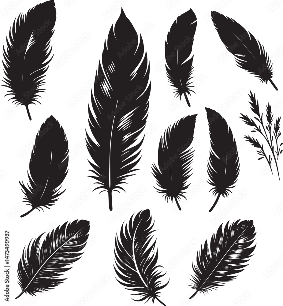 Obraz premium Black feather silhouettes in various styles, perfect for boho artwork, tattoo designs, tribal prints, freedom concepts, and spiritual or minimalist nature-themed compositions
