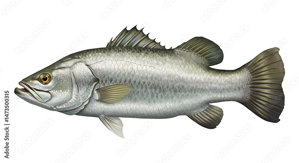 Fototapeta premium Silver Barramundi Illustration displaying detailed scales and fins on clean white background