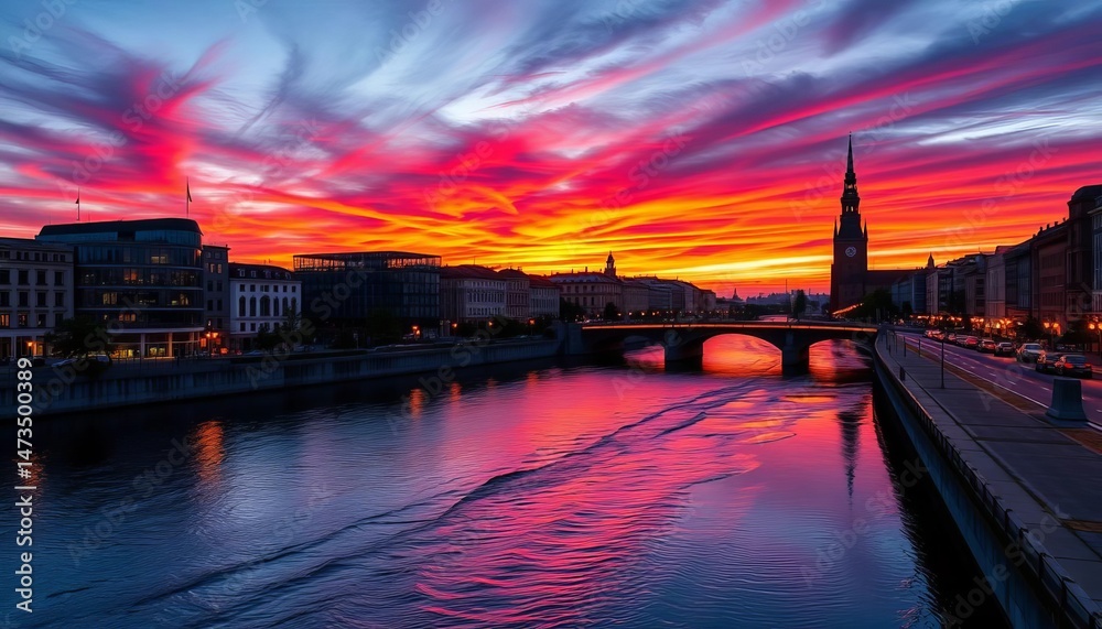 Naklejka premium Riga's vibrant sunset paints the Daugava River, showcasing a blend of modern and historic architecture, city, shadows