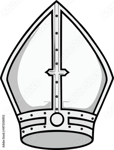 Minimalist Pope Mitre Vector Illustration – Black and White Line Art of Catholic Bishop Hat with Cross Emblem