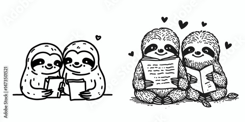 Sloth Couple writing a poem together. Cartoon animal clipart silhouette vector illustration. Amorous slow mammal pair authoring verse romantic creativity concept.