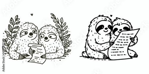 Sloth Couple writing a poem together. Cartoon animal clipart silhouette vector illustration. Slow duo crafting verse creative animalistic theme enjoying poetic union.