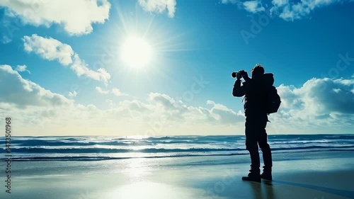 Photographer captures serene ocean landscape during golden hour at the beach